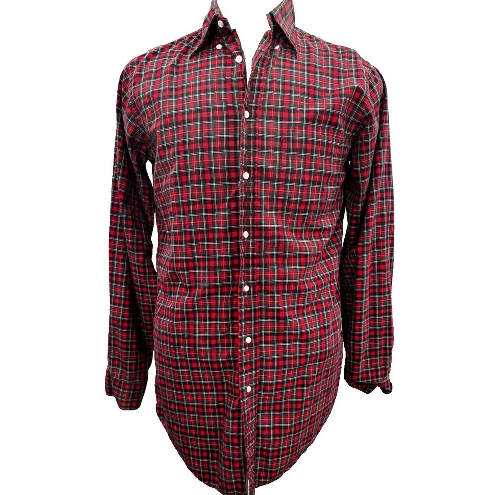 Lands End Button Down Shirt Red Mens 15.5 Tall Plaid Long Sleeve Egyptian Cotton
